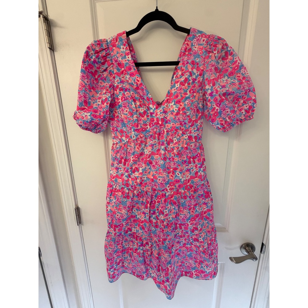 Lilly Pulitzer Pink Blue Floral Cotton Tiered Puff Sleeve Open Back Mini Dress 4